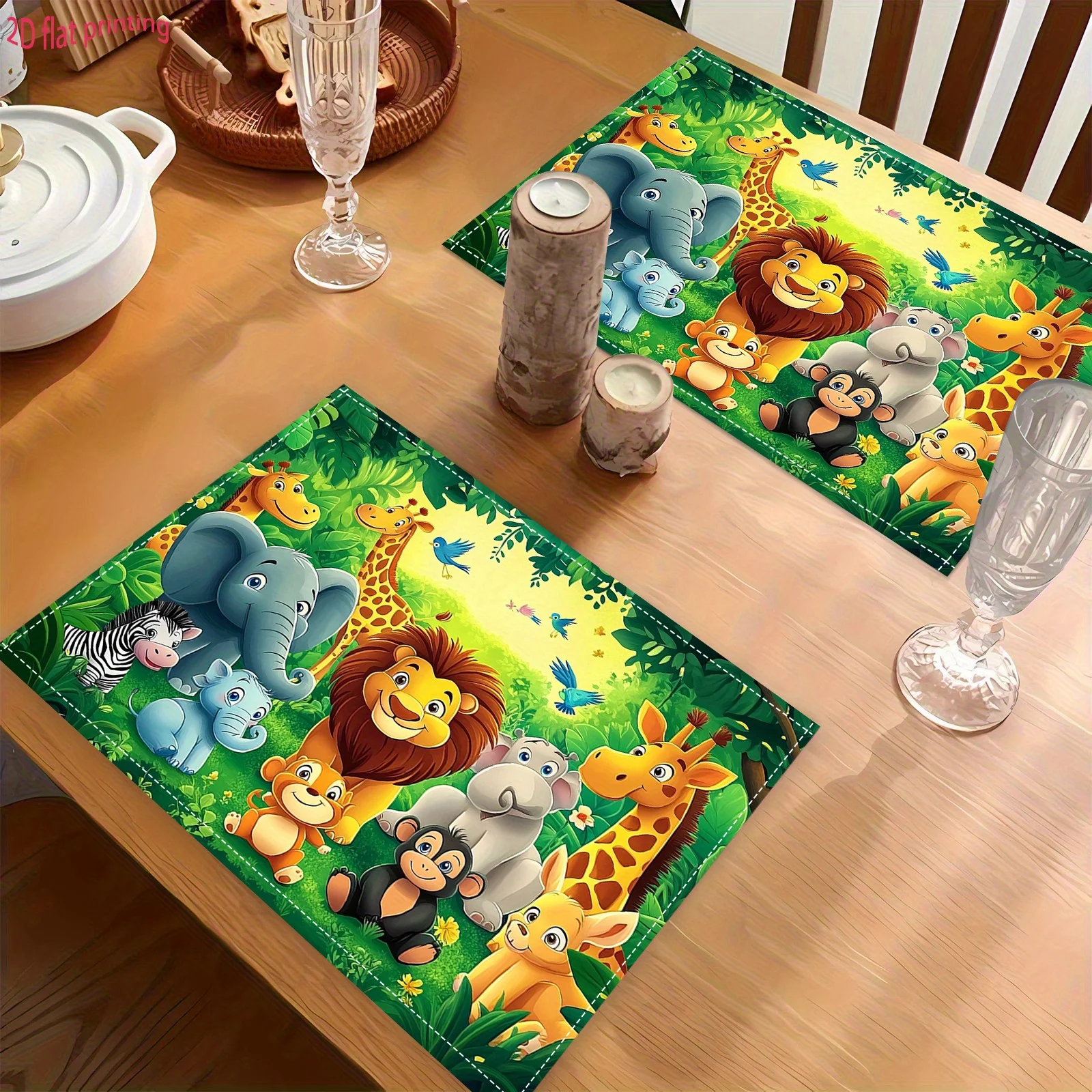 Jungle Animals Placemats Set Of 1 Linen Fabric Cartoon Safari Animals Table Mat Kids Dining Decor Lion Elephant Giraffe Zebra