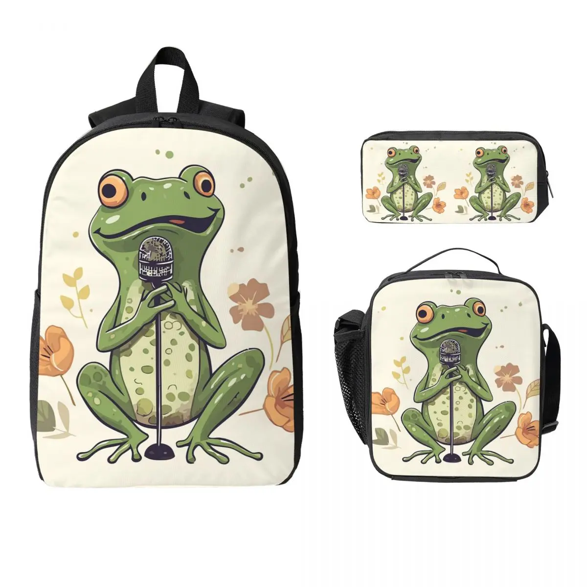 Cartoon Frog Joyful Singing Backpack Student BookBag School Bag Computer Shoulder Bags 3ps Insulated Lunch Bag Pencil Case