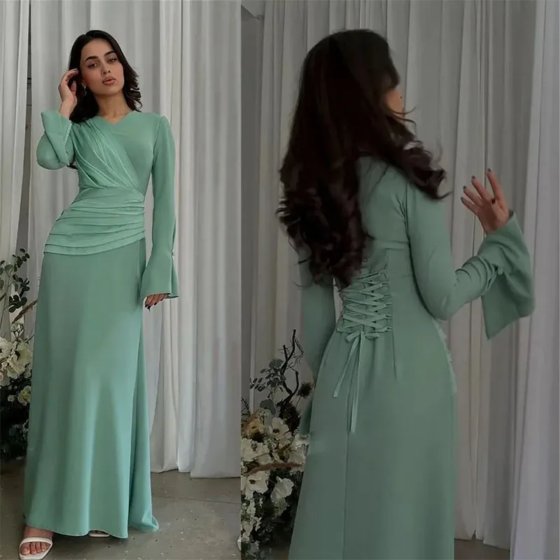 Vestido de espartilho com pescoço V para mulheres, manga longa, vestido de festa longo, vestidos de baile verdes, vestido de noite da Arábia Saudita