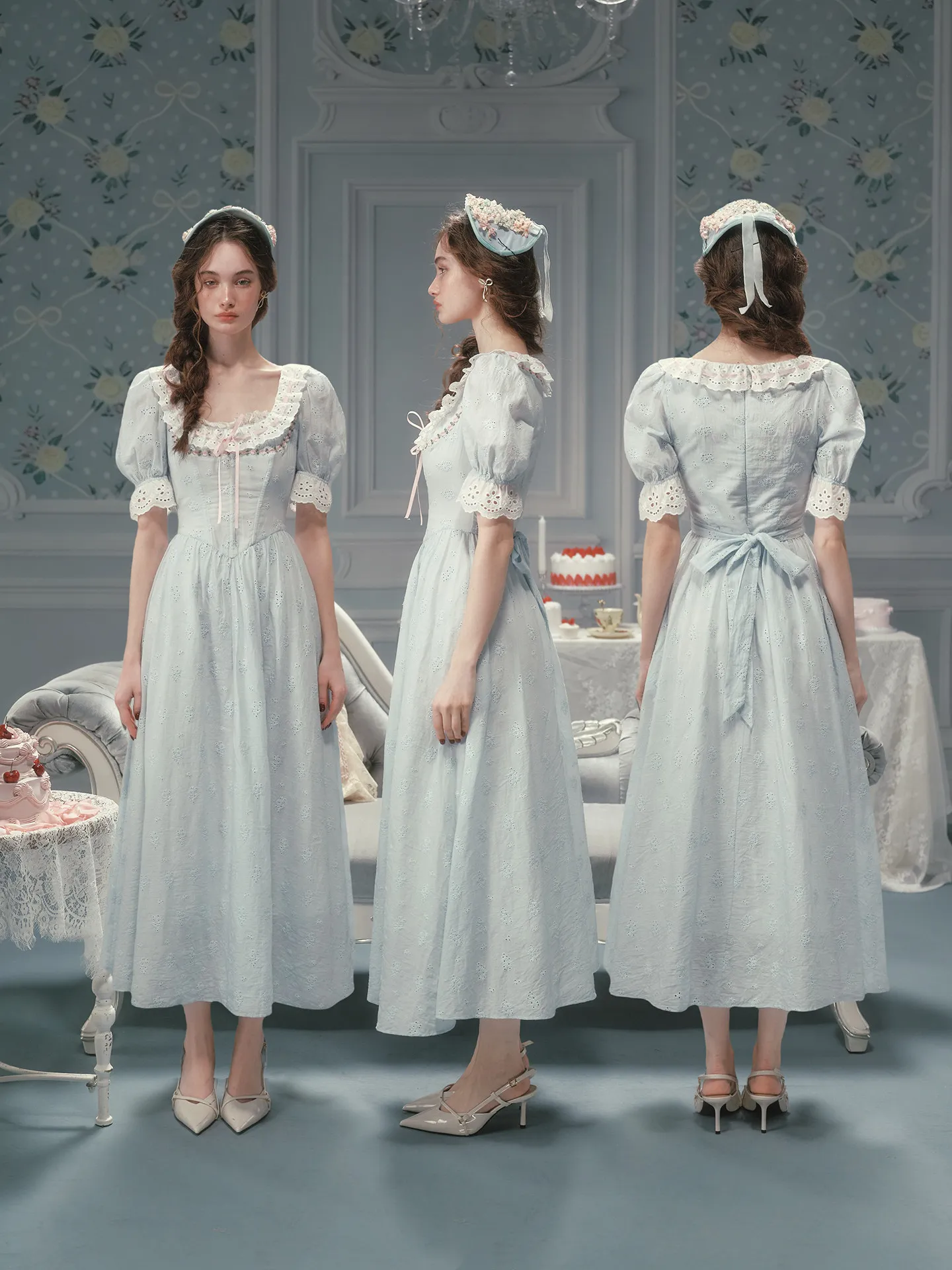 TIYIHAILEY Sommer Damen Kleid Kurzarm Lang Mittelkalb Damen 100 % Baumwolle XS-XL Vintage Hohe Taille Stickerei Spitze Blaues Kleid