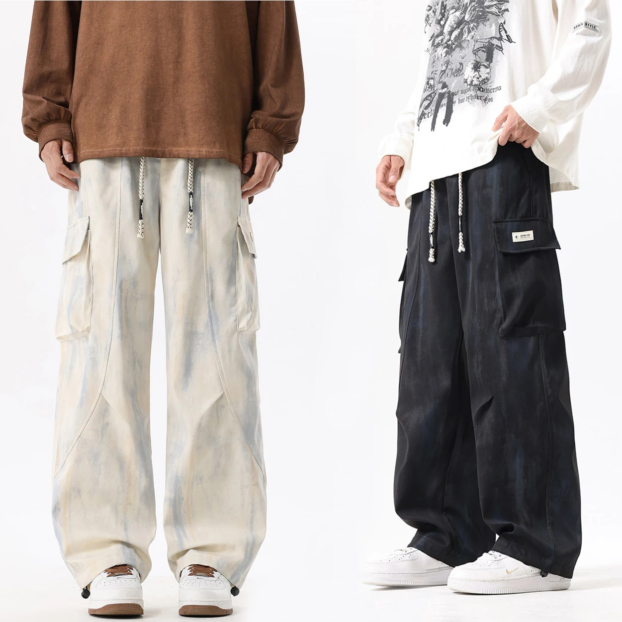 Nieuwe herfst grote zak cargobroek heren casual losse broek outdoor mode trend verven met gradiëntpatronen lange broek