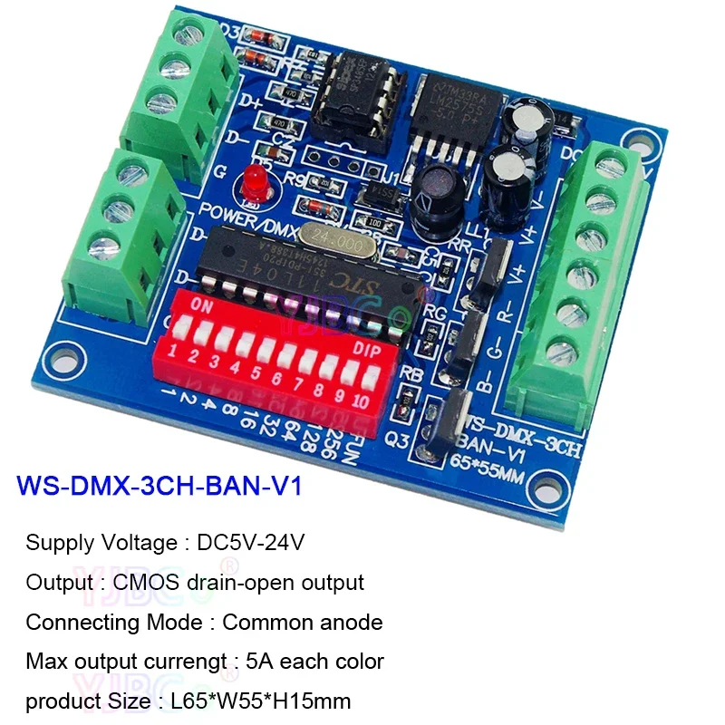 5V 12V 24V RGB LED Strip Lamp Module 3 Channels DMX512 Decoder Light tape DMX 512 Controller Board 3CH dimmer WS-DMX-3CH-BAN-V1