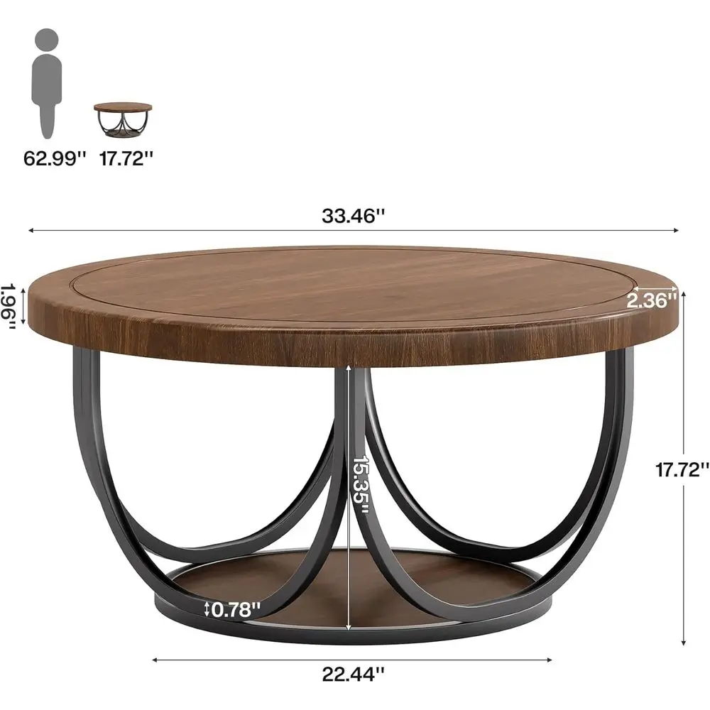 Two-Tiered 33.5 Round Wooden Cocktail Table with Storage Shelf and Metal Edge, Industrial Style for Living Room in Brown & Black