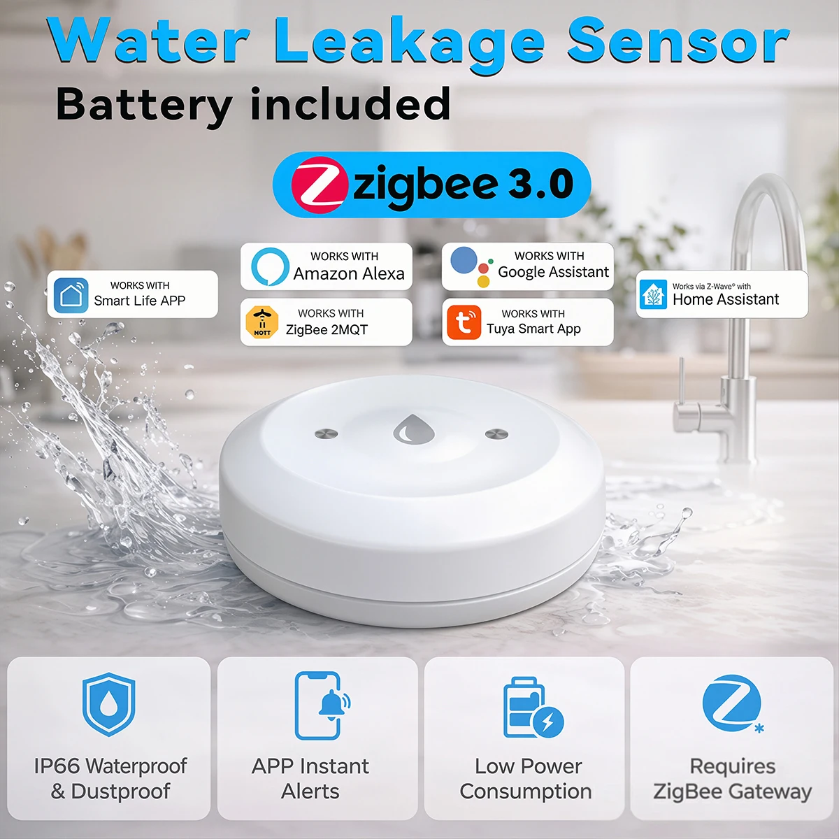 Tuya Zigbee Water Sensor Smart Life Water Leakage Detector App Remote Monitoring for Kitchen Bathroom 2MQTT Gateway Required