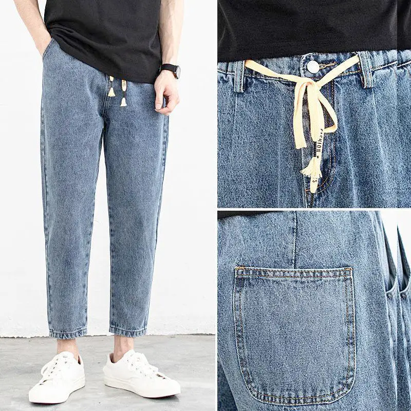 Drawstring Trendy Brand Light-color Elastic Waist Jeans Men's Autumn Loose and Fashion Versatile Tapered Small Feet Harlan Pants