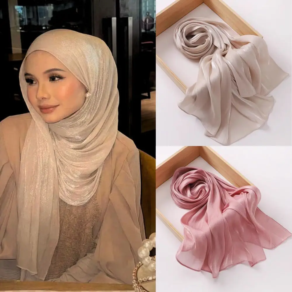 180*70cm Pleated Crinkled Satin Scarf Lady Muffler Bandanna Fashion Glitter Shimmer Muslim Hijab Women Sun Protection Shawls