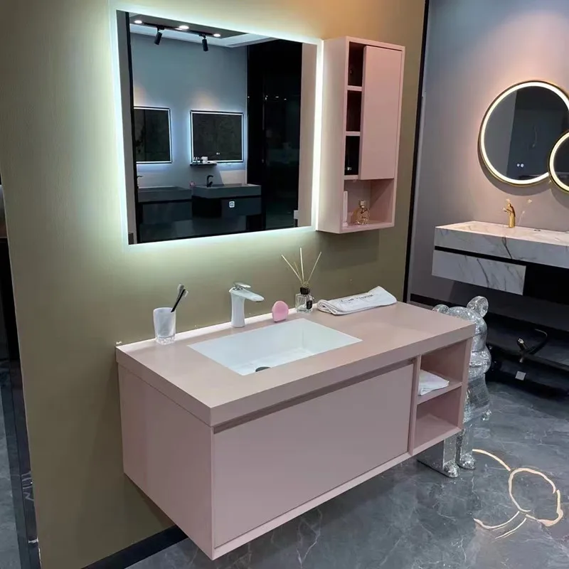 Hot Sale Pink Color Wall Hung Home Bathroom Vanity Furniture