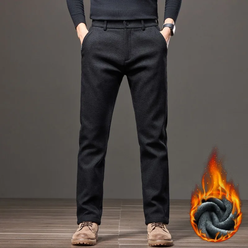 

Men Winter Chenille Fleece Pants Business Casual Comfortable Slim Velvet Trousers Thick Fashion Straight Elastic Plush Pants