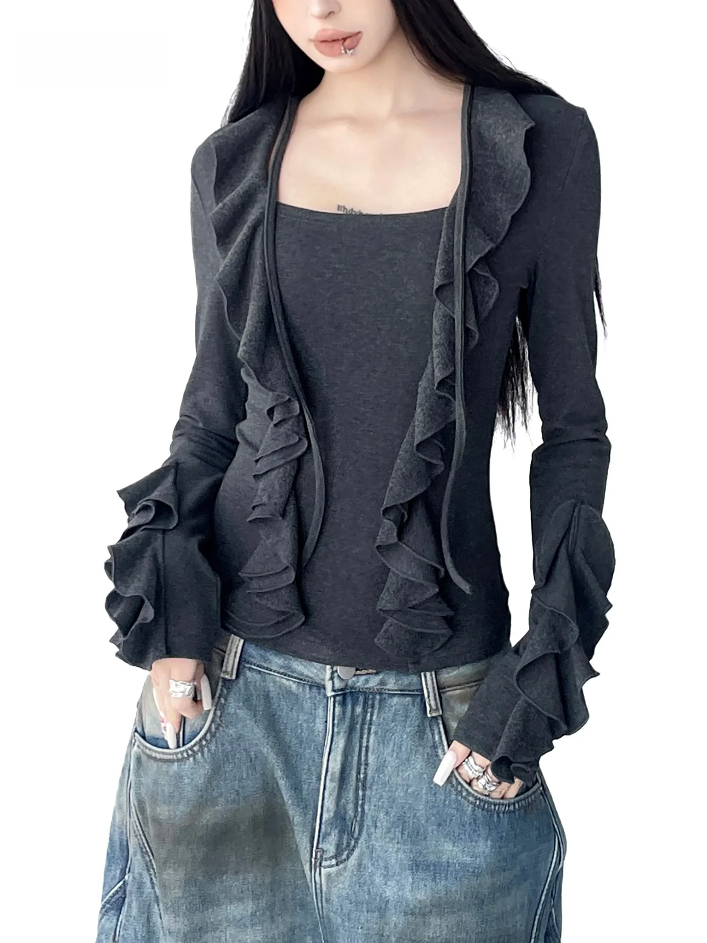 

Ele Slimming Simple Design Women's Knitted Top with Lace Hemline Autumn Winter Faion Basic Layering irt