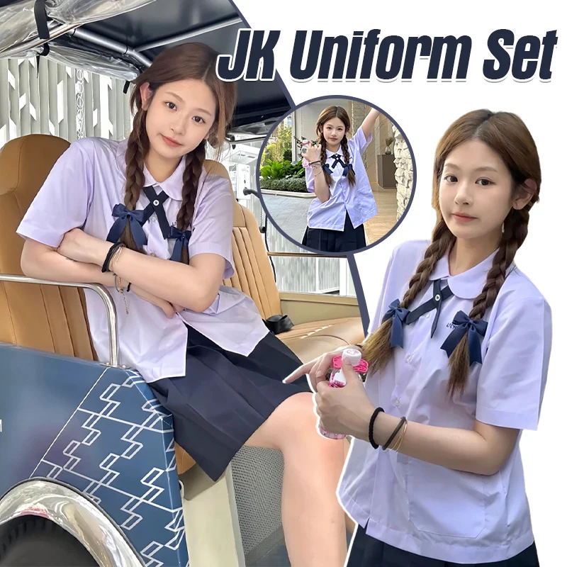 Men/Women JK Uniform Thai Style School Uniforms Short Sleeve White Shirt/Light Purple Shirt Preppy Style Pleated Skirt w/bow Tie