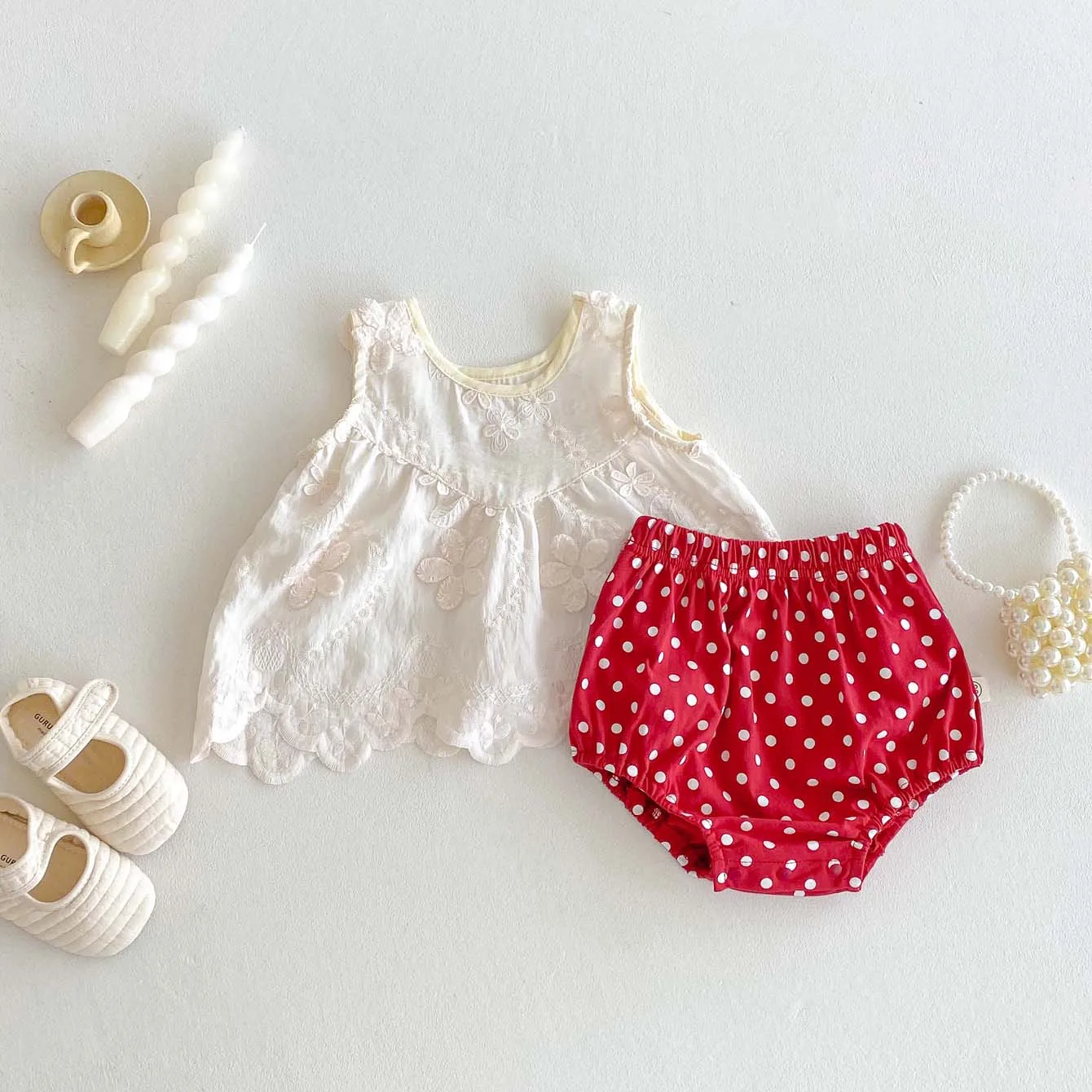 Ins summer baby girl sweet and cute three-dimensional embroidered vest top with red pollae short sleeves 2-piece set, baby soft,