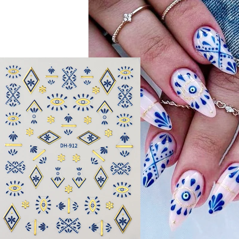 2 stuks Boheemse nagelstickers bronzing blauwe totem boze oog ontwerpen gouden lijn retro patronen zelfklevende stickers sliders decoratie