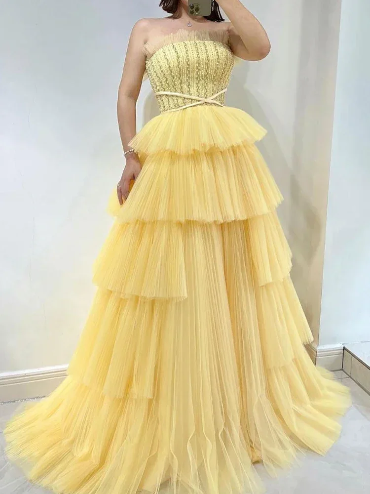 Customized Elegant Classic Fashion Net Criss-Cross Pattern Tiered Ball Strapless Long Dresses Party Dresses High Quality Casual