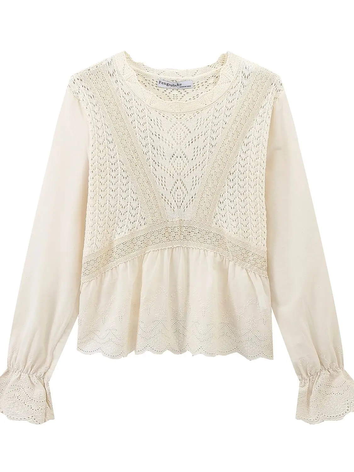 XNWMNZ 2024 Moda damska Dopasowany żakardowy siatkowy top z dzianiny Kobiety Retro Okrągły dekolt Długi rękaw Wszechstronny kobiecy szykowny top