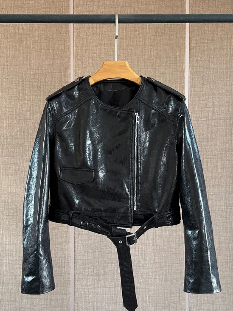 Mode femmes nouvelles vestes courtes en cuir véritable col rond fermeture éclair peau de mouton naturelle vêtements d'extérieur ceinture huile cire moto veste manteau