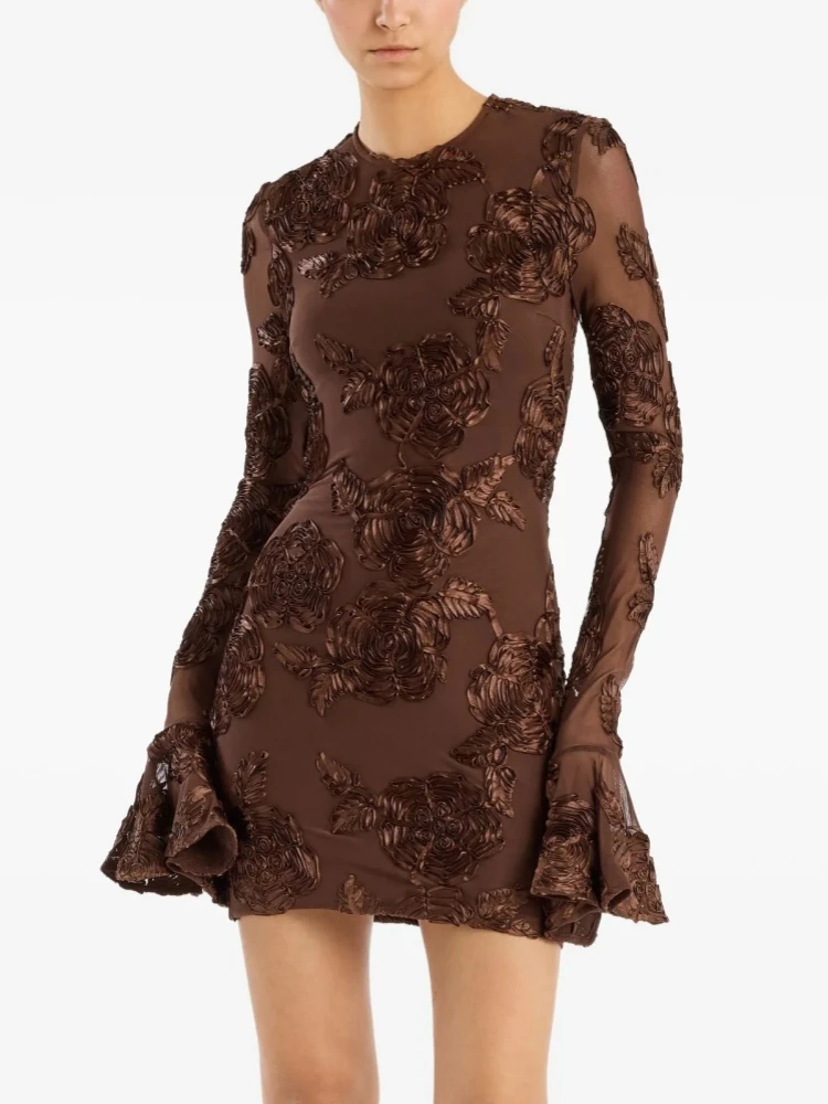 Sexy O Neck Mesh Patchwork Flare Long Sleeve Floral Mini Dress Women Elegant Brown Bodycon Celebrity Evening Club Party Dresses