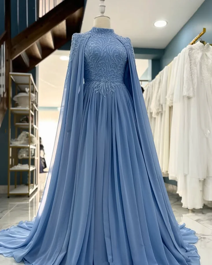 Sky Blue Muslim Caftan Evening Formal Dresses with Cape Gillter Emboridery High Neck Corset Prom Gala Gown Customsized Kaftan