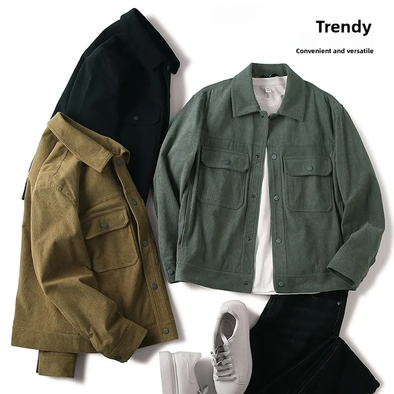 

Винтажная повседневная мужская куртка свободного кроя из вельвета с отложным воротником, модная, приталенная, молодежная, осенняя, с длинными рукавами, на одной пуговице