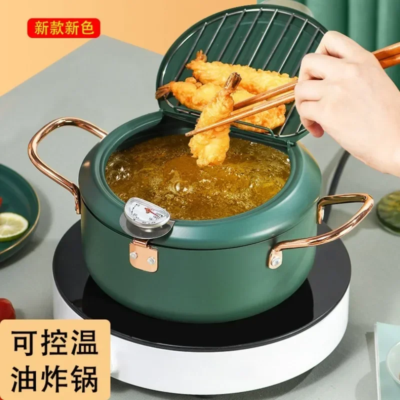 

Japanese Deep Fryer With Thermometer and Lid 304 Stainless Steel Kitchen Tempura Fryer Pan Fryer Without Oil Frying Pan