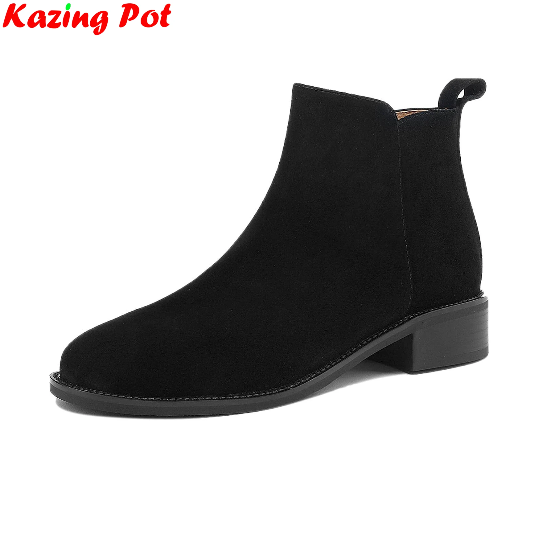 Krazing Pot 2026 Plus Größe 34-43 Kuh Wildleder Runde Kappe Reißverschluss Med Heels Moderne Stiefel Warme Winterschuhe Dating Prägnante Stiefeletten