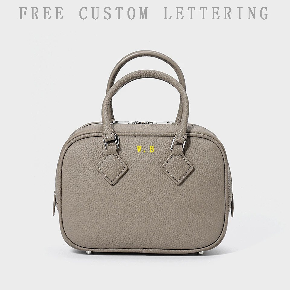 

Genuine leather bowling bag 2025 new free initials first layer cowhide one-shoulder crossbody bag handheld mini small square bag