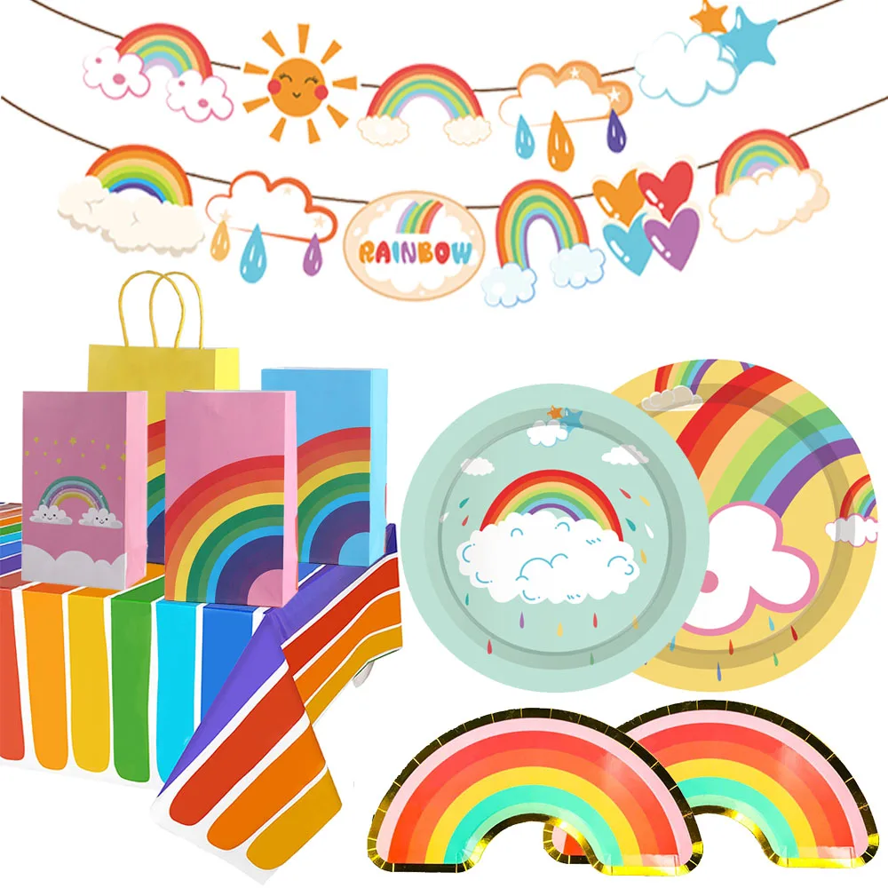 Rainbow Birthday Party Disposable Dinnerware Rainbow Shape Paper Plates Cup Napkin Happy Birthday Banner Rainbow Theme Decortion