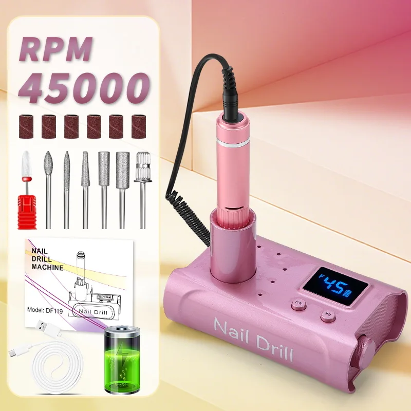New Profesional 45000RPM Electric Nail Drill Machine Rechargeable Portable Nail Sander File for Gel Nails Polishing Salon Tools