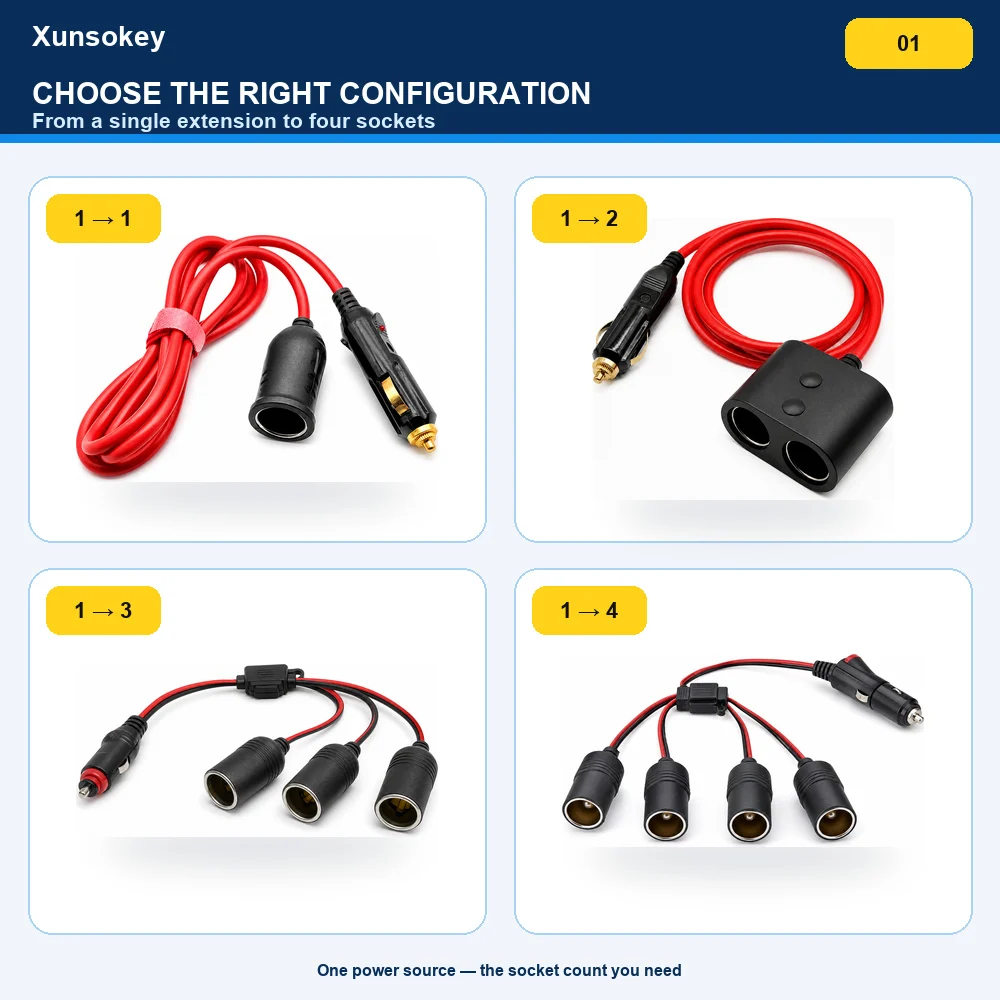 0.5/1.5/3M 20A Fuse Car Cigarette Lighter Extension Cord 12V 24V Car Charger Cigar Lighter Plug Cable Female Socket Adapter