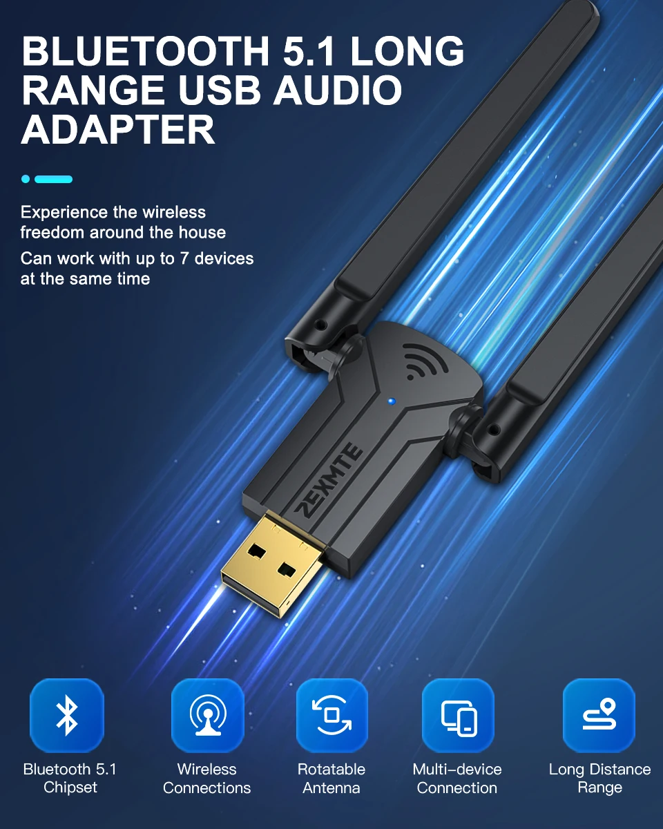 Bluetooth-адаптер Zexmte, 150 м, 5,1 футов, USB, Bluetooth 5,0