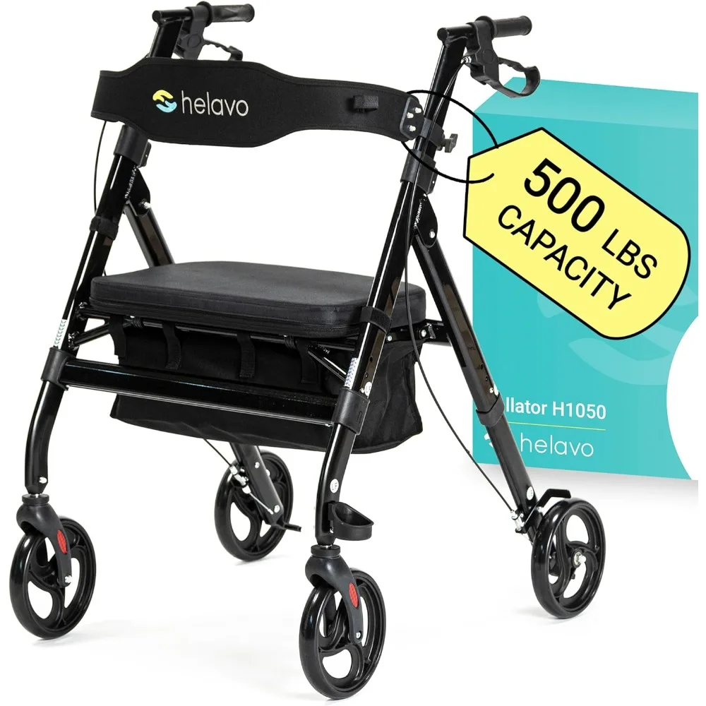 Walker with Large, Height-Adjustable Seat, 500 lbs Weight Capacity, All Terrain 8-inch Wheels, 28-inch Wide - E