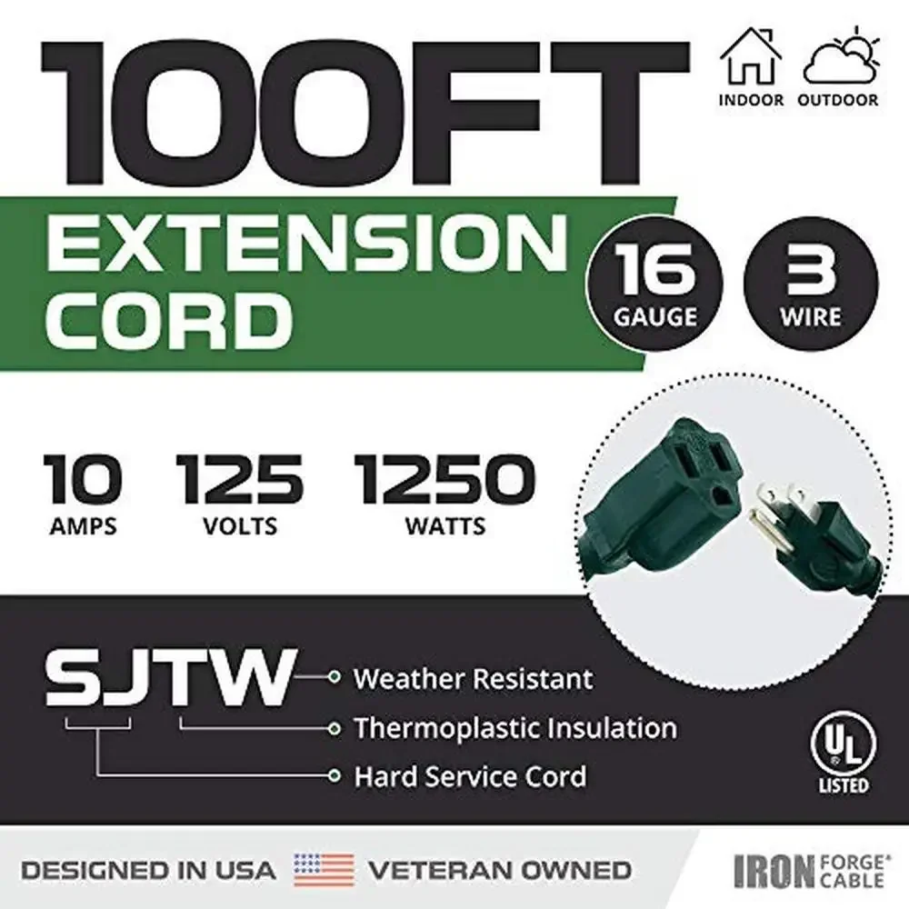 100ft Green Outdoor Extension Cord 16/3 SJTW Heavy Duty 3 Prong Weatherproof Power Cable