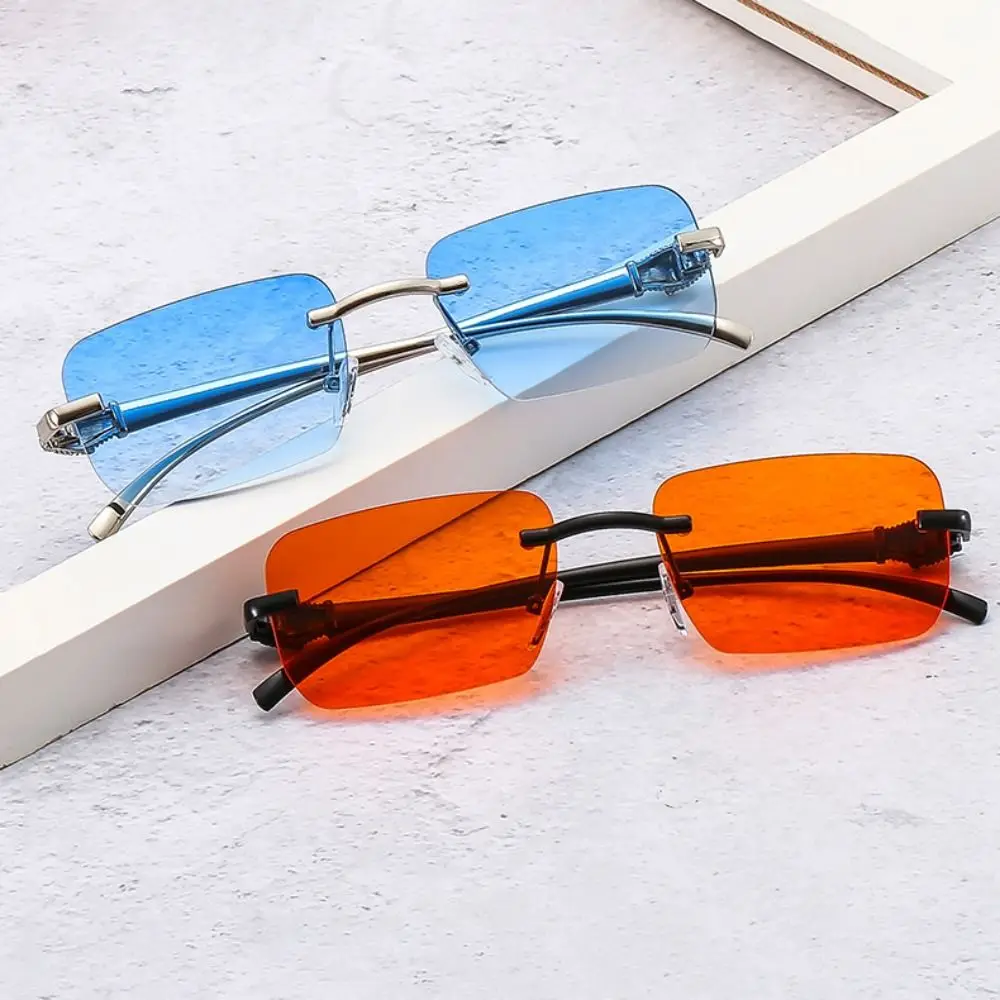 Rimless Leopard Head Decorated Sunglasses Gradient UV Protection Rectangular Sun Glasses Street Shooting Eyewear for Women