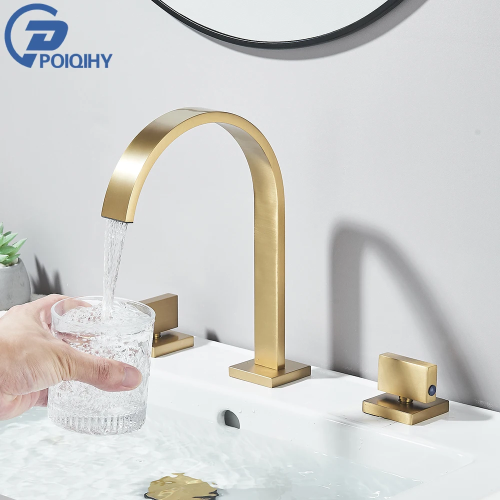 

POIQIHY Basin Faucet Dual Handle Bathroom Faucet Dual Handle 3 Hole Hot and Cold Mixer Tap Bathroon Tub Mixer Faucet Golden Tap