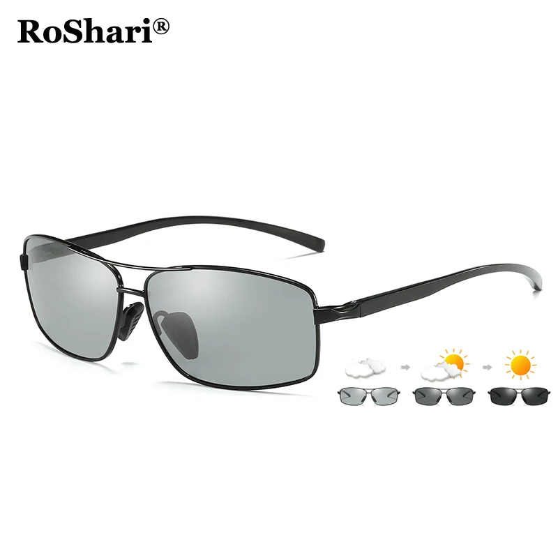 

RoShari Photochromic Sunglasses Driving Polarized Sun Glasses Men Aluminum Magnesium Discolored Sunglass lunette de soleil A54