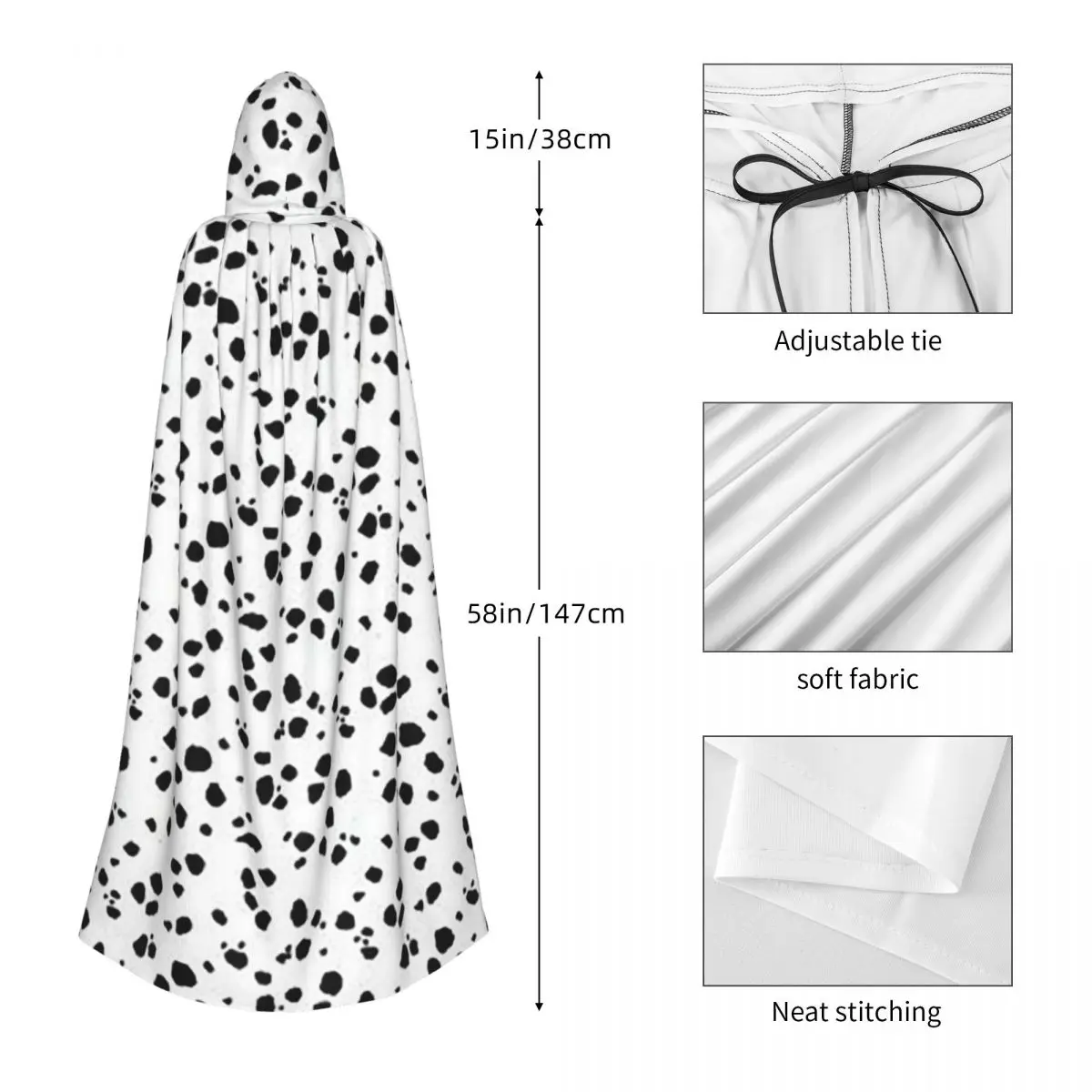 Cute Spots Dots Dalmatian Dog Print Long Hooded Cloak Witch Medieval Costume Cosplay Cape HalloweenVampire Adult Unisex