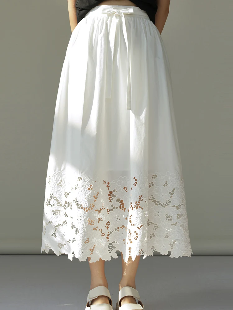 

Юбка Jolan, лето 2025, новинка, универсальная, из хлопка, с кружевным подолом, на завязках, белая, А-силуэт, миди, простая, для повседневной носки
