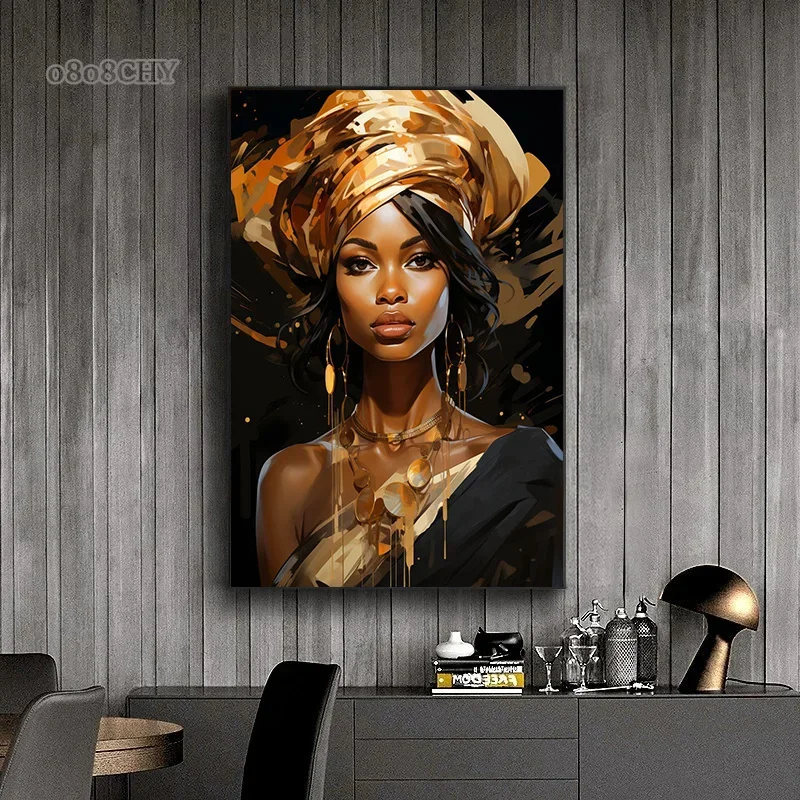 Luxury Fashion African Poster Gold and Black Woman Canvas Prints Poster Wall Art Painting Abstract Portrait Mural for Home Decor