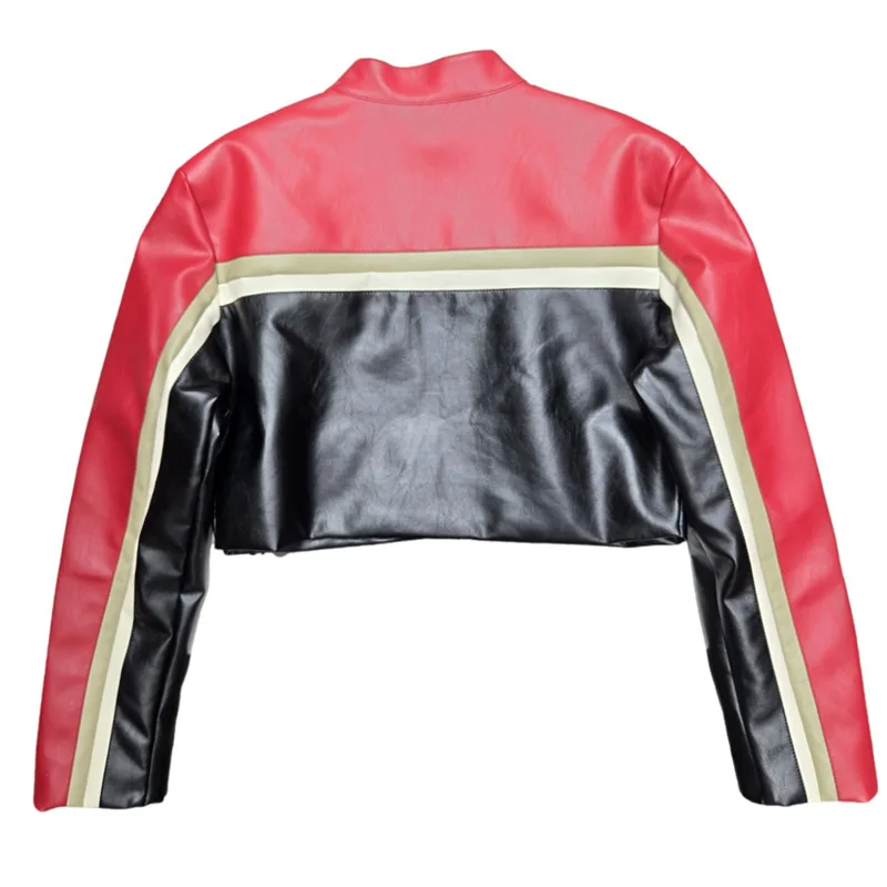 HKSH primavera otoño nueva mujer Pu abrigo de cuero contraste Color Patchwork Moto Biker Chaqueta corta Chic cremallera remache Tops Ins HK12772