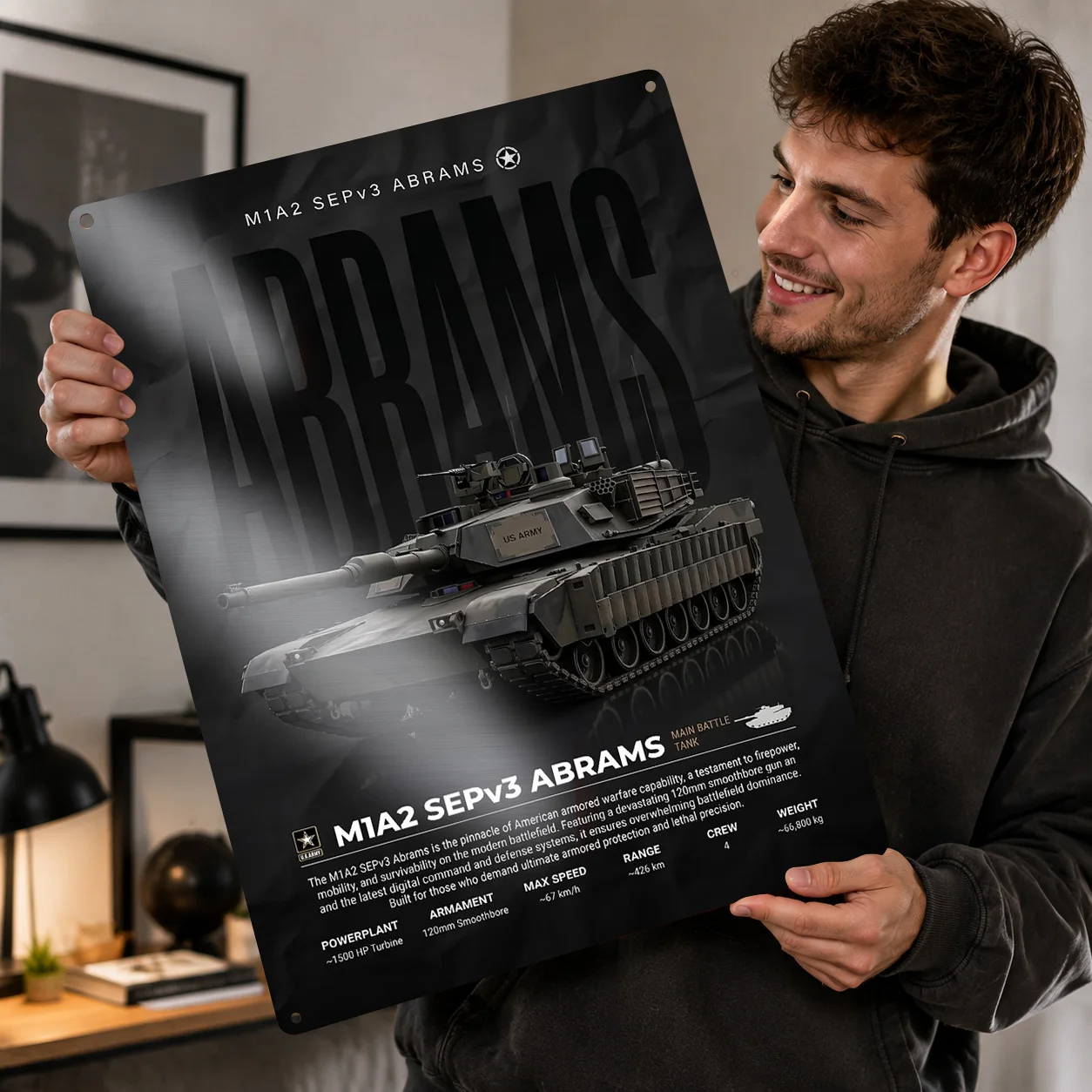 M1A2 SEPv3 Abrams Tank Personalized 3D Textured Metal Poster Wall Art Vintage Tin Signs for Wand Deko Article Decoration Gaming