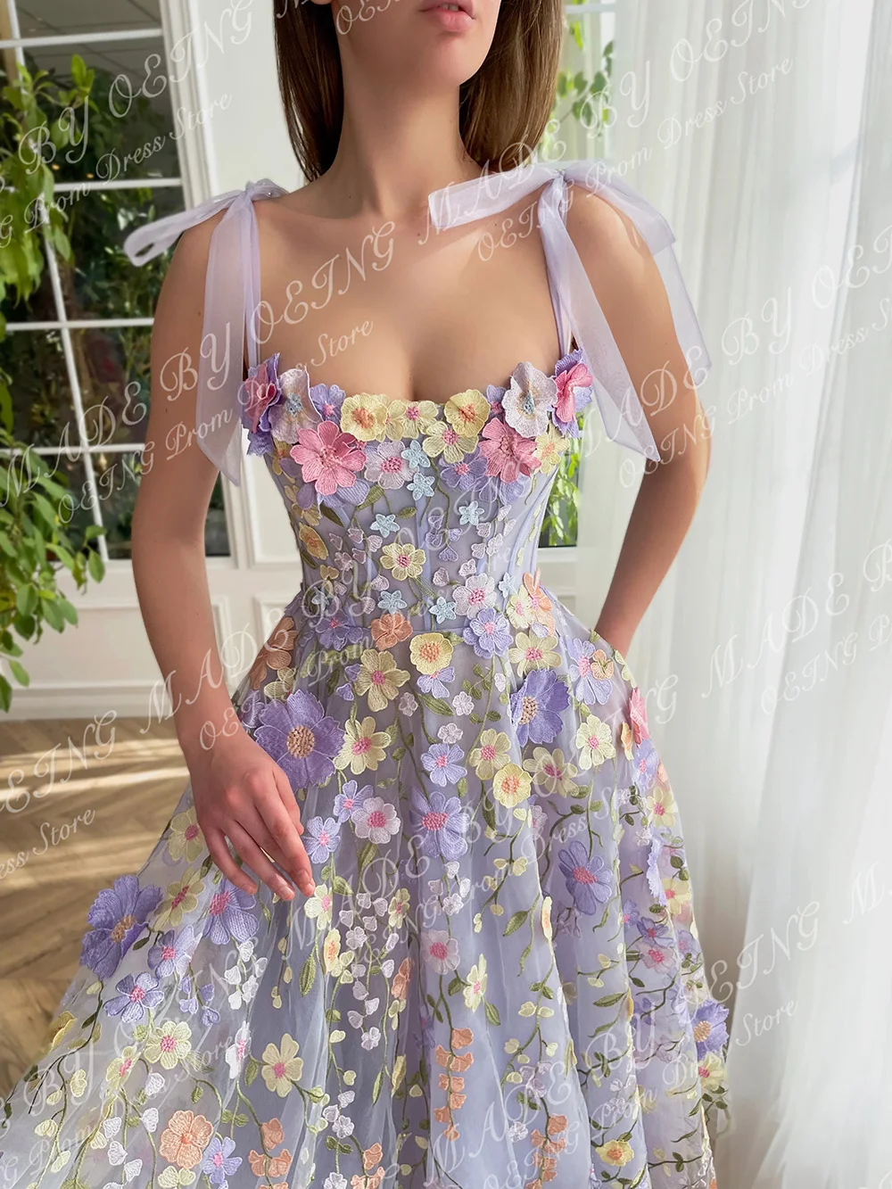 OEING Lavender Prom Dresses Spaghetti Straps Pastrol Flowers Embroidered Evening Dress Formal Vestidos De Para Mujer Customized