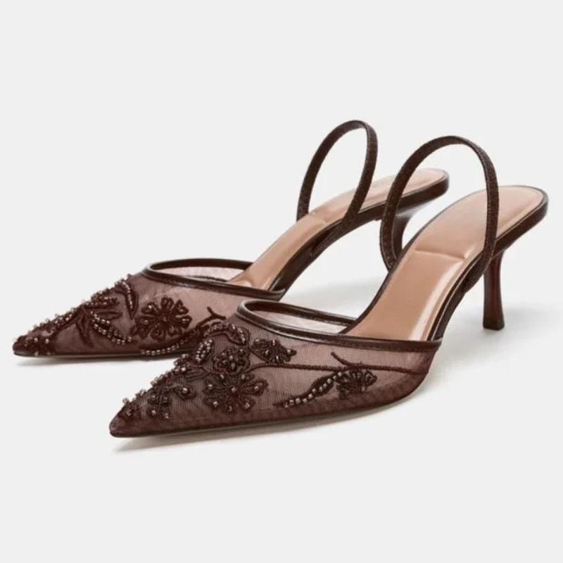 XIHAHA Women Sexy Pointed Toe Mesh Embroider High Heels for Ladies Elegant String Bead Pumps Summer Luxury Designer Shoe Sandals