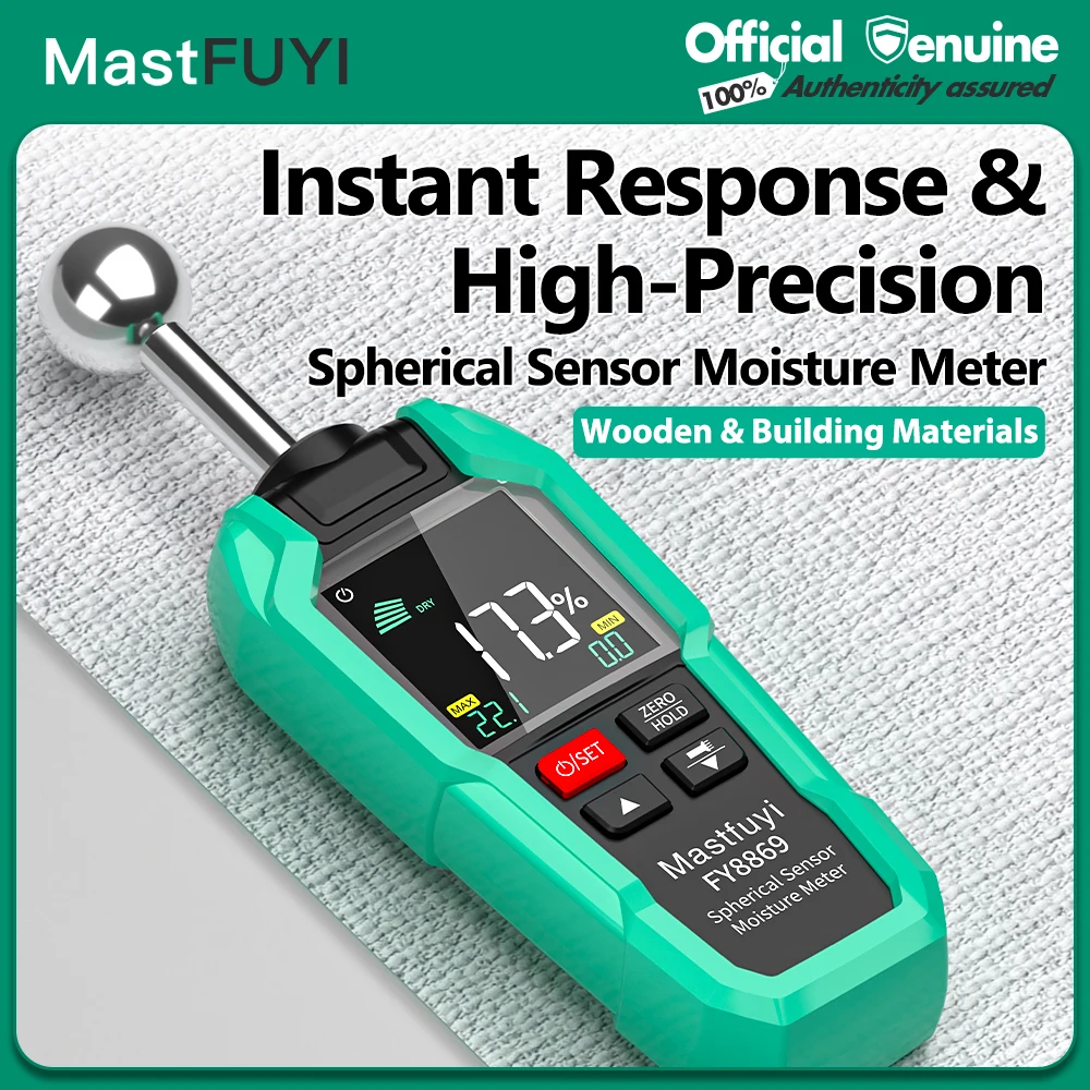 MASTFUYI Spherical Sensor Moisture Meter, Non-destructive, High Accuracy, Dual Alarm for Wood, Concrete, Wall Humidity Detection