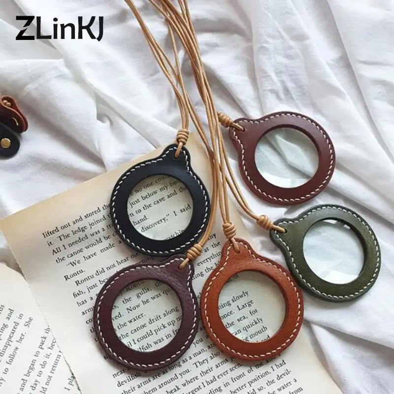 1pcs Vintage Leather Strap Necklace Handheld Mini Magnifying Glass Magnifier Pendant for Elderly Reading Aid Easy to Use