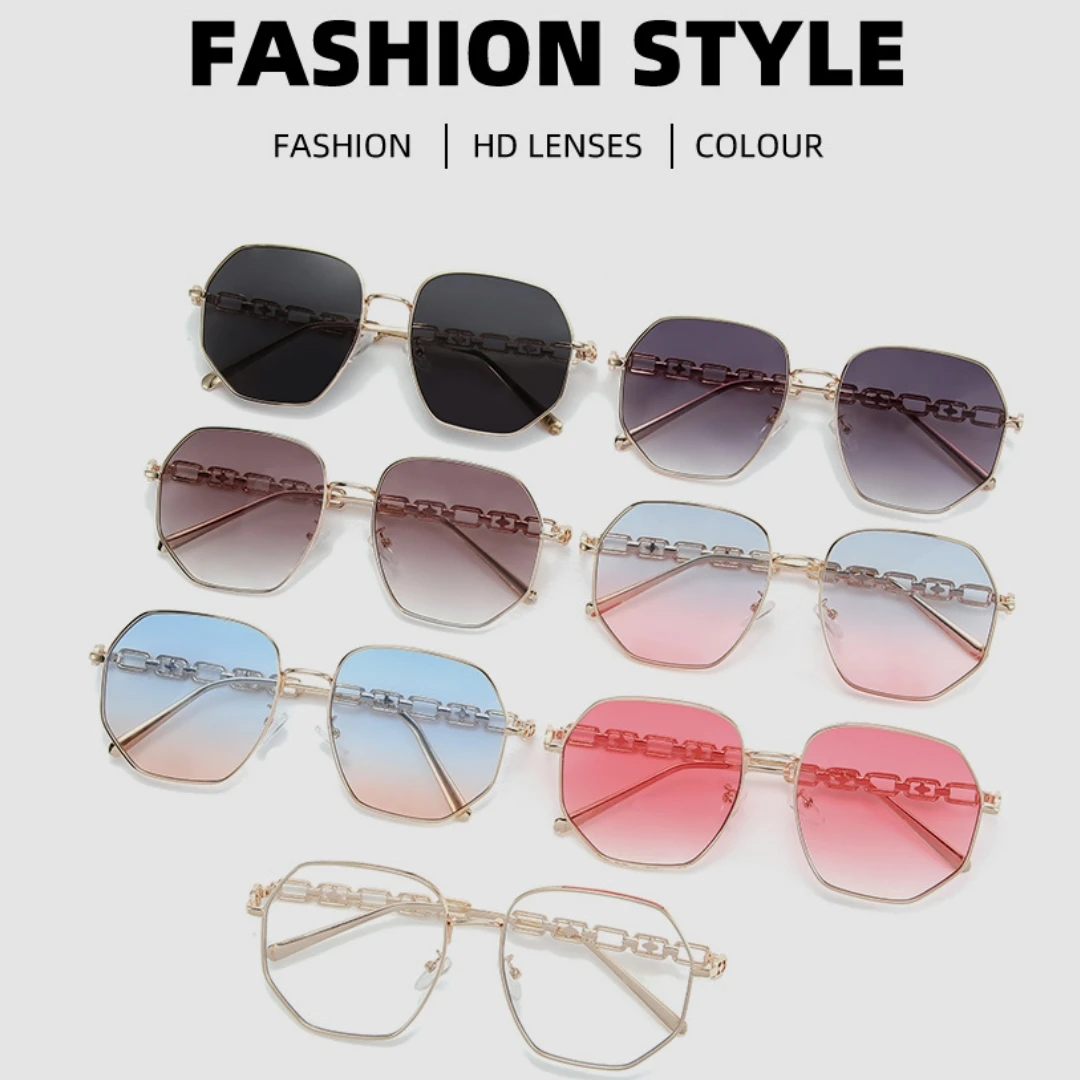 ファッションカラフルチェーンホローサングラス女性用オンラインセレブリティストリートサングラスクールハンサムメタルサングラス。