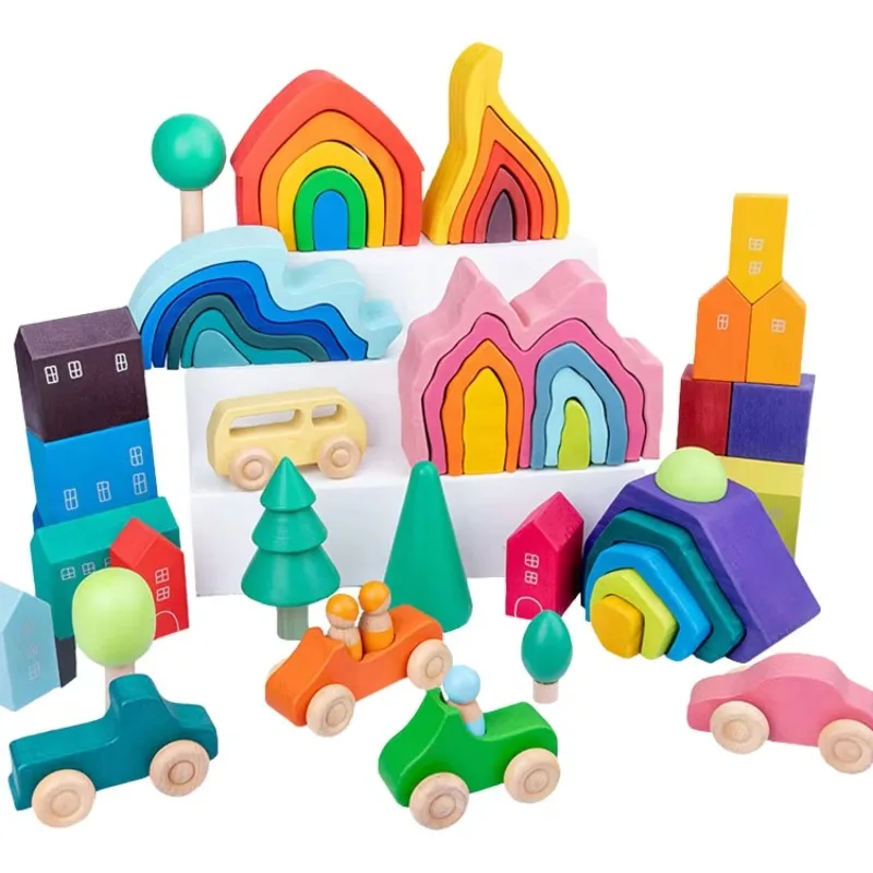 Quattro elementi Foresta Piccola casa sull'albero Corallo Puzzle in legno Ins Blocchi impilabili Giocattoli da costruzione per giochi di finzione per bambini