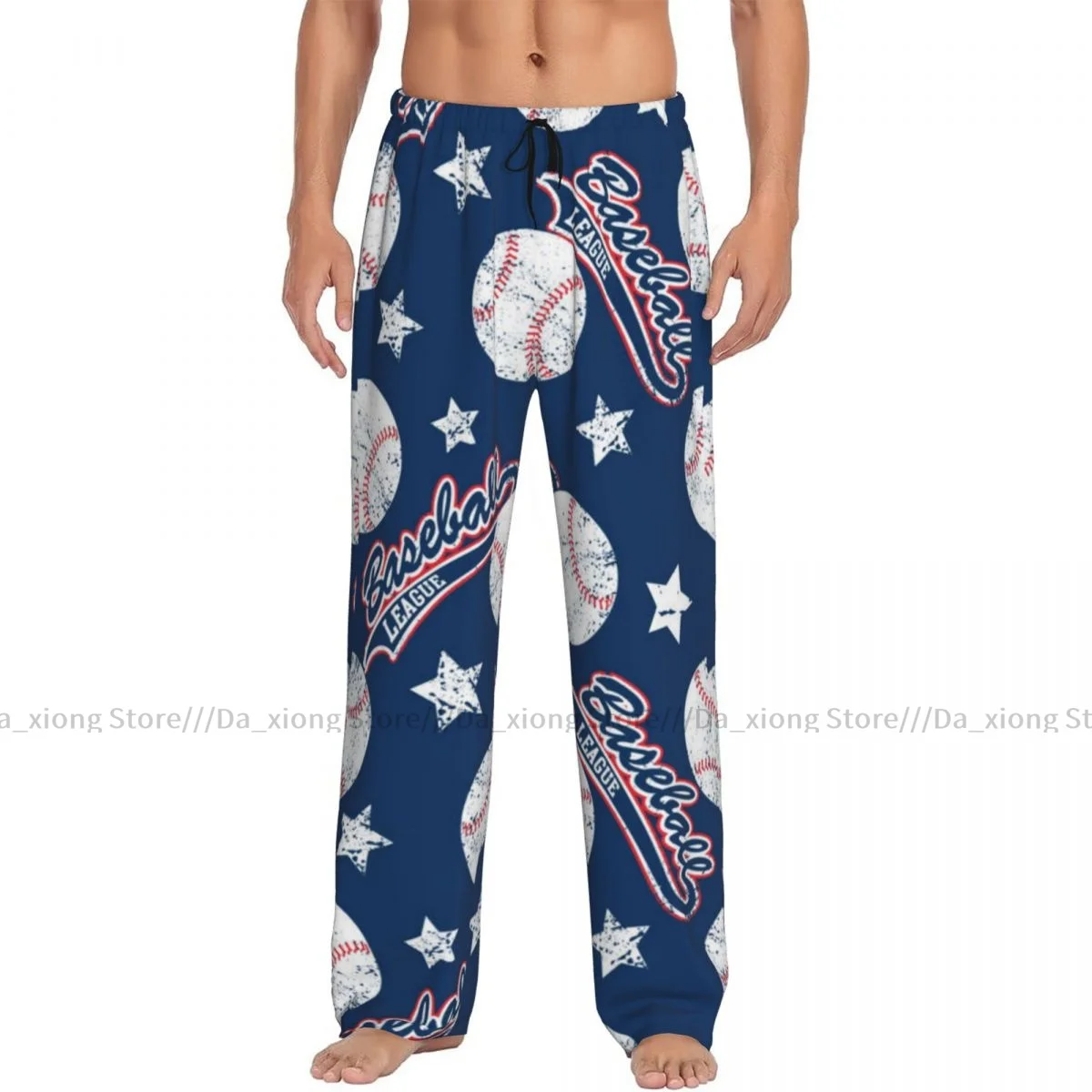 Mens Casual Pajama Long Pant Loose Elastic Waistband Baseball Stars Cozy Sleepwear Home Lounge Pants