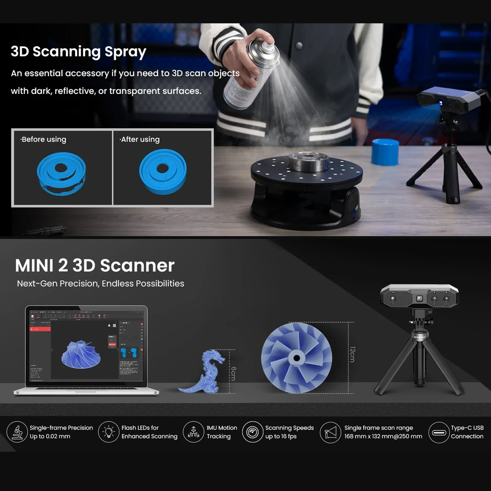 【Best-selling】Revopoint Mini 2 3D Scanner Handheld 3D Model Scanning 16 fps Scan Speed Industrial Blue Light Support 0.02mm Prec