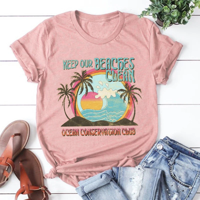 Retro Beach Shirts Women Coconut Tree Clothing Summer Graphic Tee Holiday Shirt Women Ocean Sunrise Goth Clothes