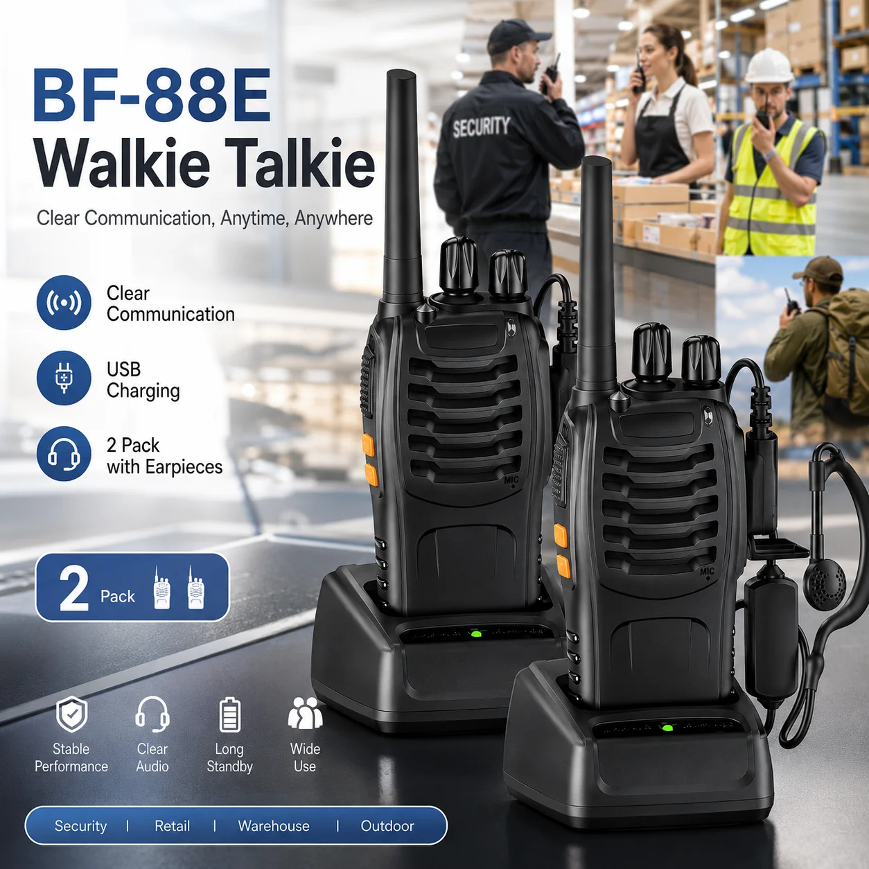 bf-88e-トランシーバー-双方向無線機-pmr446-16チャンネル-1500mah-usb充電式-vox-2台セット-イヤーピース付き-セキュリティ-アウトドア-キャンプ用