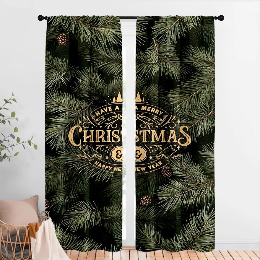 2PCS Digital Print Curtains, Black Gold Pine Merry Christmas Pattern, Luxury Elegant Style for Xmas Holiday Home Decor